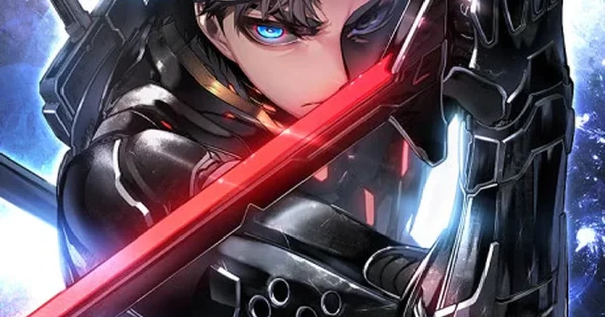 Armored black-haired character raises a glowing red blade beneath a bright blue sci-fi sky
