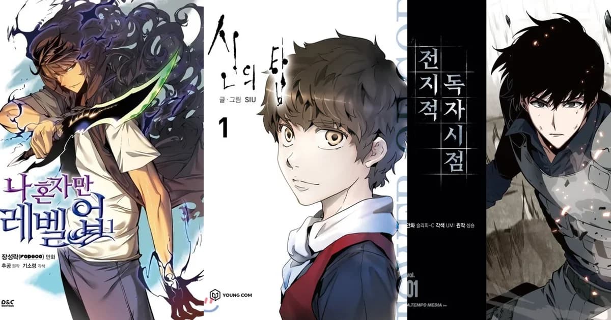 Three-panel manhwa cover collage showing Solo Leveling's Sung Jin-Woo, Tower of God's Bam, and Omniscient Reader's Viewpoint's Kim Dokja side by side