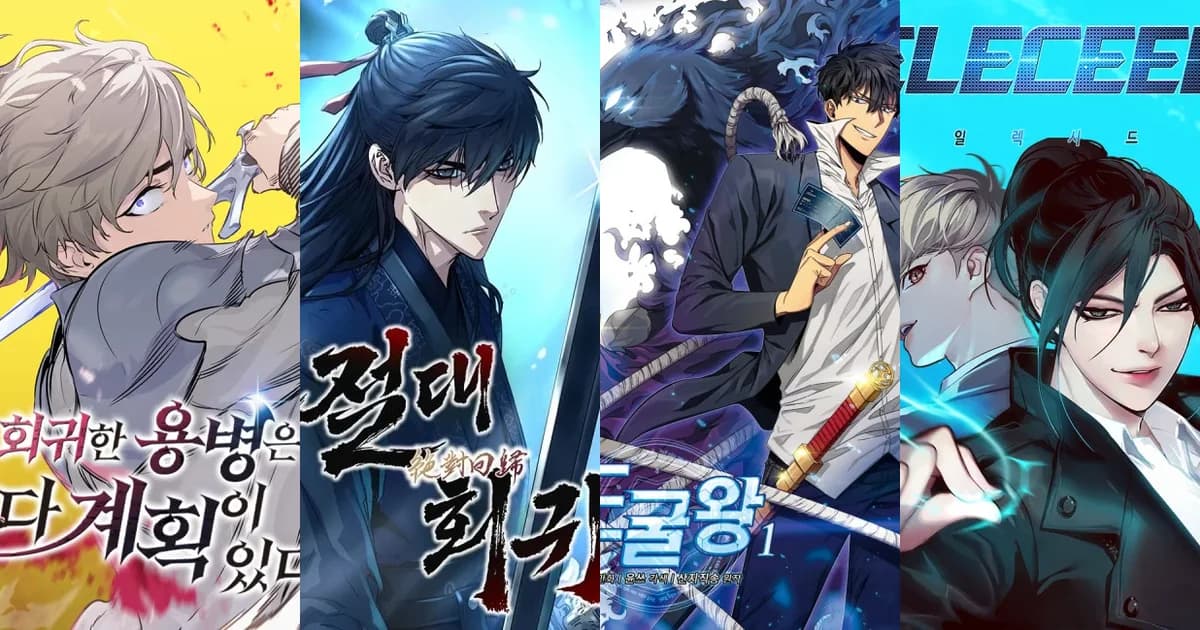Collage of four manhwa covers: Cecil Perdium mid-swing in The Regressed Mercenary's Machinations, Absolute Regression's murim swordsman, Tomb Raider King's relic hunter, and Eleceed's two leads