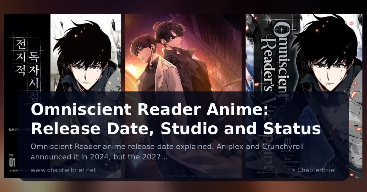 Three Omniscient Reader images side by side: the Korean volume 1 cover, AniList's anime entry art of two men back to back, and the English volume 1 cover