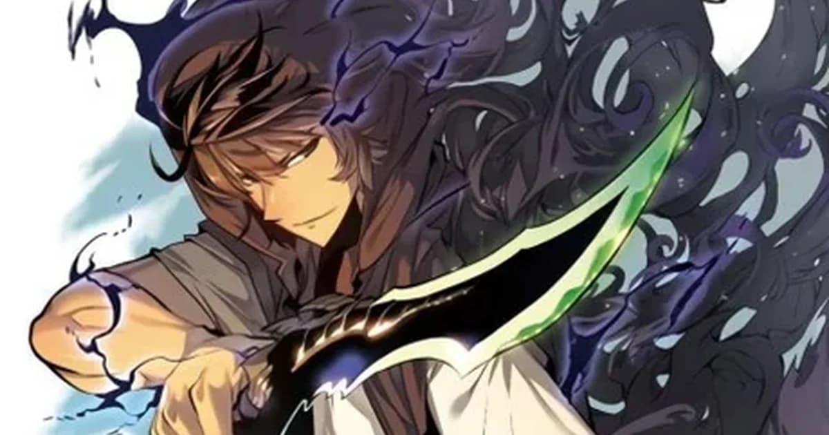 Sung Jin-Woo gripping a curved black dagger with a glowing green edge, dark shadow energy coiling around him