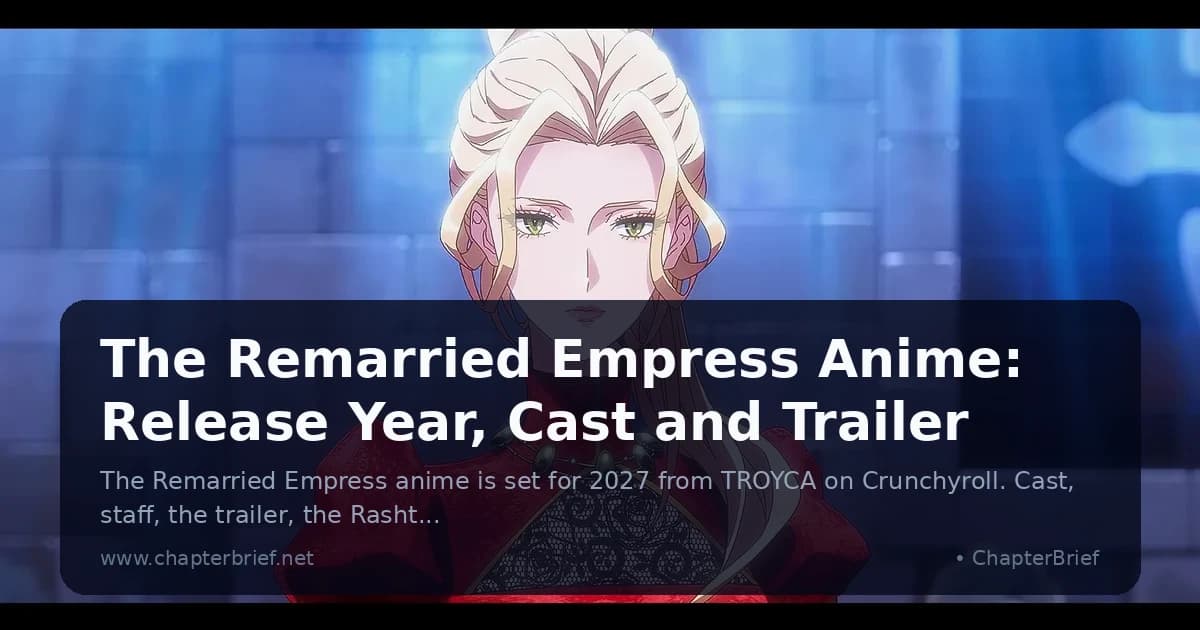 Navier with her blonde hair pinned up and a red brocade gown with a lace collar, in a frame from The Remarried Empress anime trailer