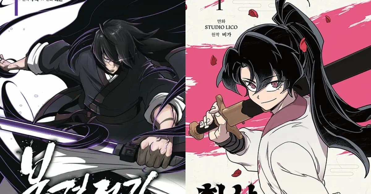 Legend of the Northern Blade and Return of the Blossoming Blade official manhwa covers side by side, two murim series featuring sword-wielding martial artists
