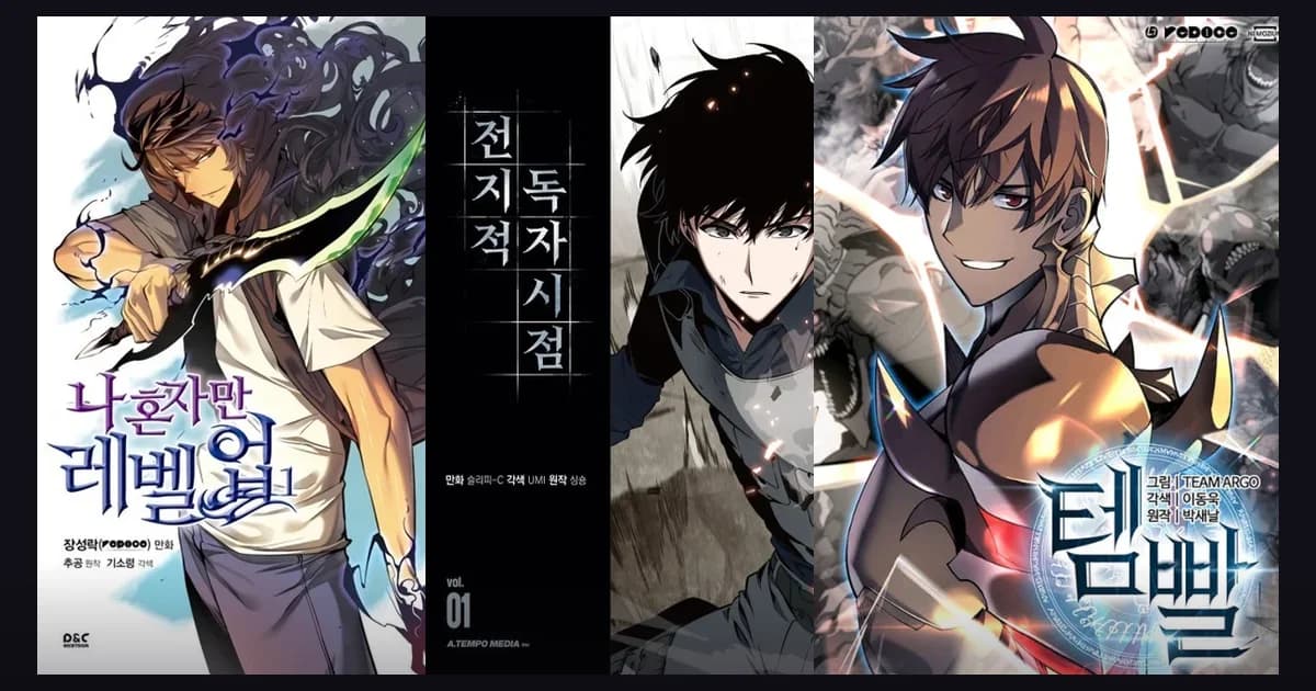 Solo Leveling, Omniscient Reader's Viewpoint, and Overgeared official cover art side by side, three manhwa series confirmed for English print through Yen Press's Ize Press imprint
