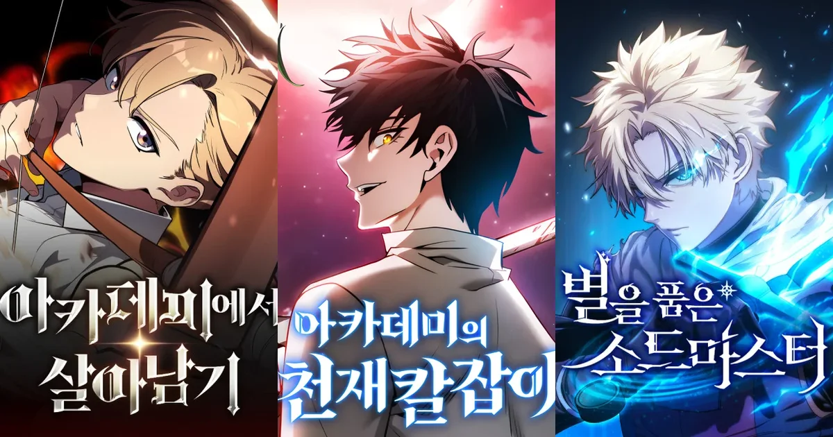 Collage of The Extra's Academy Survival Guide, The Stellar Swordmaster, and Academy's Genius Swordsman covers, three standout academy fantasy manhwa