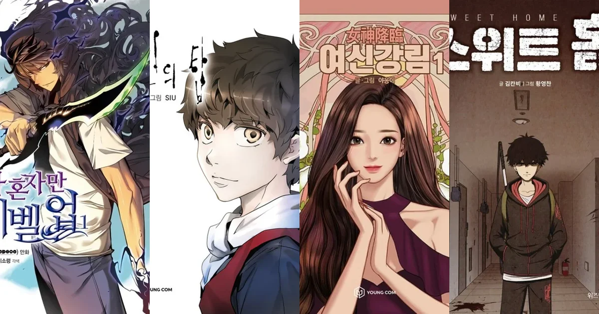 Four-panel cover collage of Solo Leveling, Tower of God, True Beauty and Sweet Home, the manhwa behind this list's largest verified sales and streaming milestones