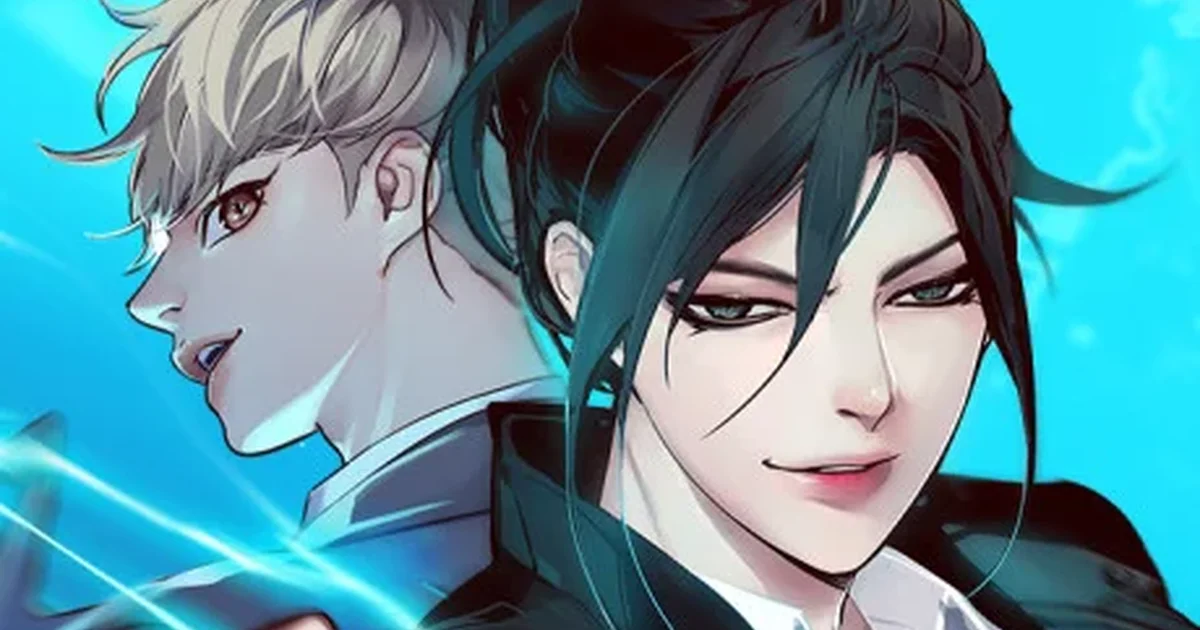 Eleceed official series cover art cropped wide, Jiwoo Seo in a hoodie beside Kayden Break in his oversized white cat form