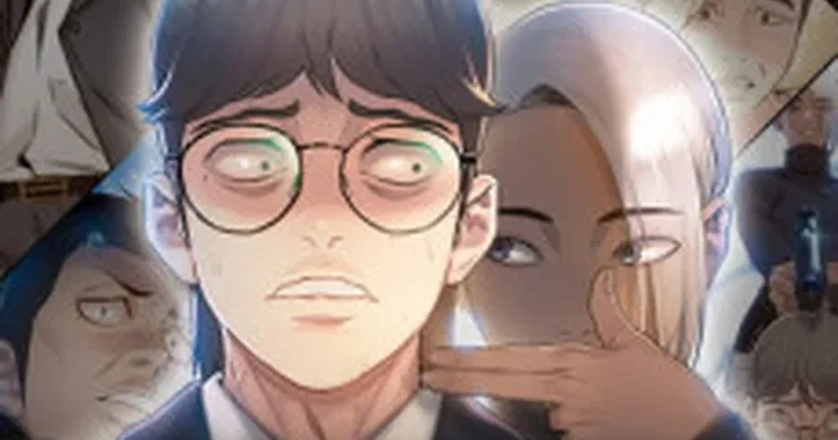 Death's Game manhwa key art, Choi Yee-jae wide-eyed and sweating behind round glasses as a shadowy figure gestures at his throat