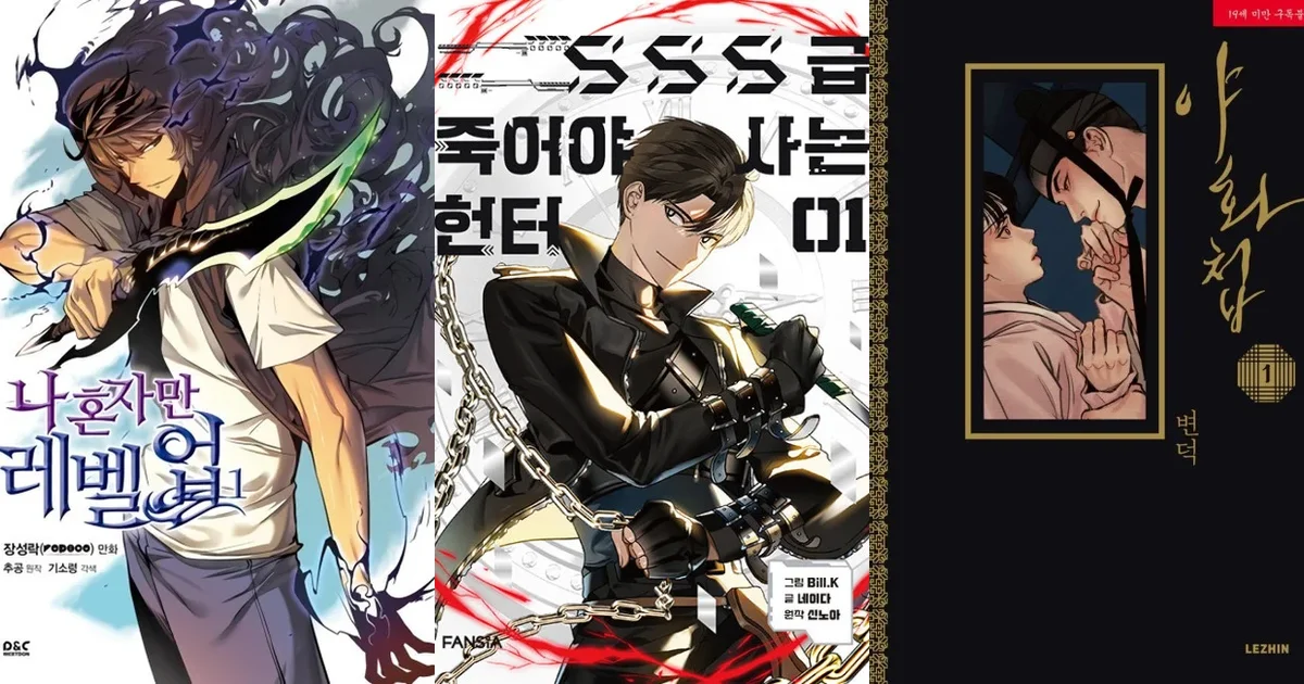 Three manhwa covers side by side representing three pricing models: Solo Leveling on WEBTOON, SSS-Class Revival Hunter on Tapas, and Painter of the Night on Lezhin