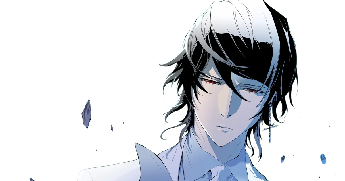 Cadis Etrama di Raizel in close profile, crimson eyes half-lidded under dark hair, silver cross earring visible against his white Noble collar