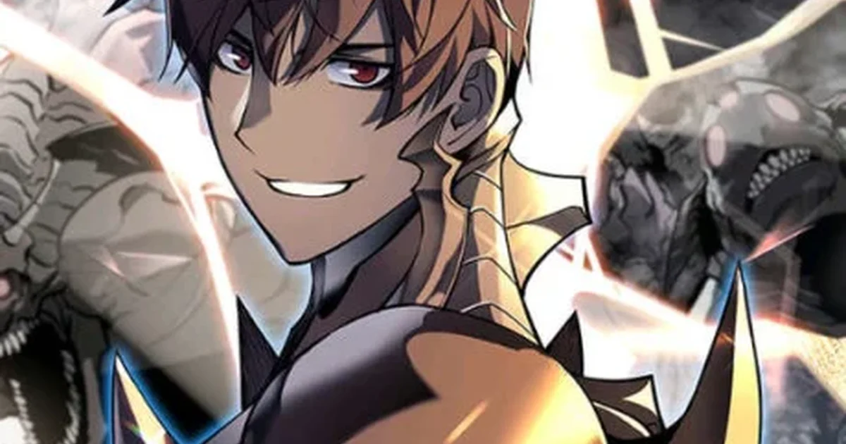 Grid smirking over his shoulder in spiked black-and-gold armor, white lightning-like energy and shadowy monster silhouettes crackling behind him