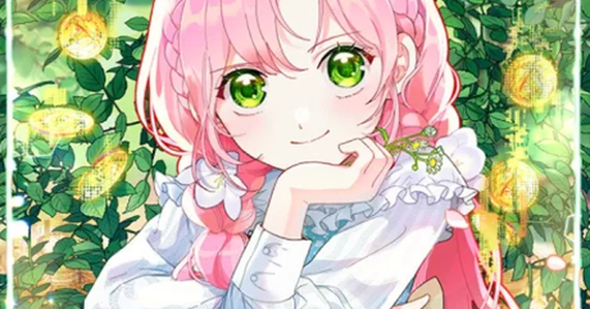 Ailette Rodeline resting her chin on her hand in a sunlit garden strung with lanterns, holding a small white flower near her face
