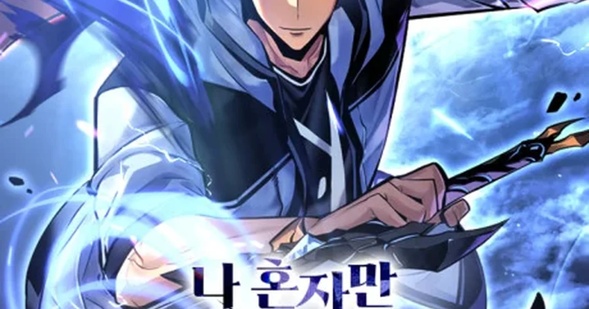 Sung Suho stepping into his inherited shadow dungeon for the first time, Beru the ant king at his side, blue shadow energy lighting a ruined campus courtyard