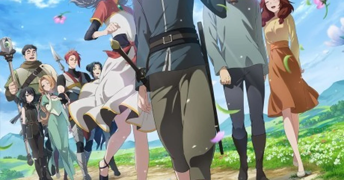 The Beginning After the End's ensemble cast walking through a wildflower field, weapons and travel gear visible on each character