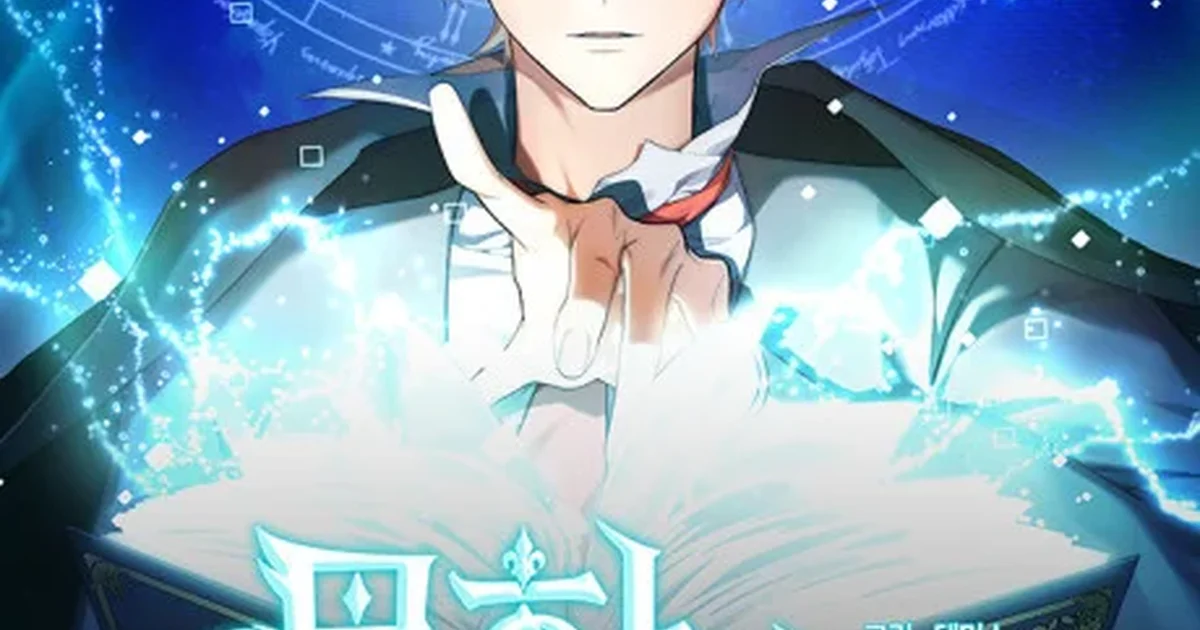 The Infinite Mage series cover art, Sirone reading a glowing spellbook as blue spirit-zone magic circles swirl around him