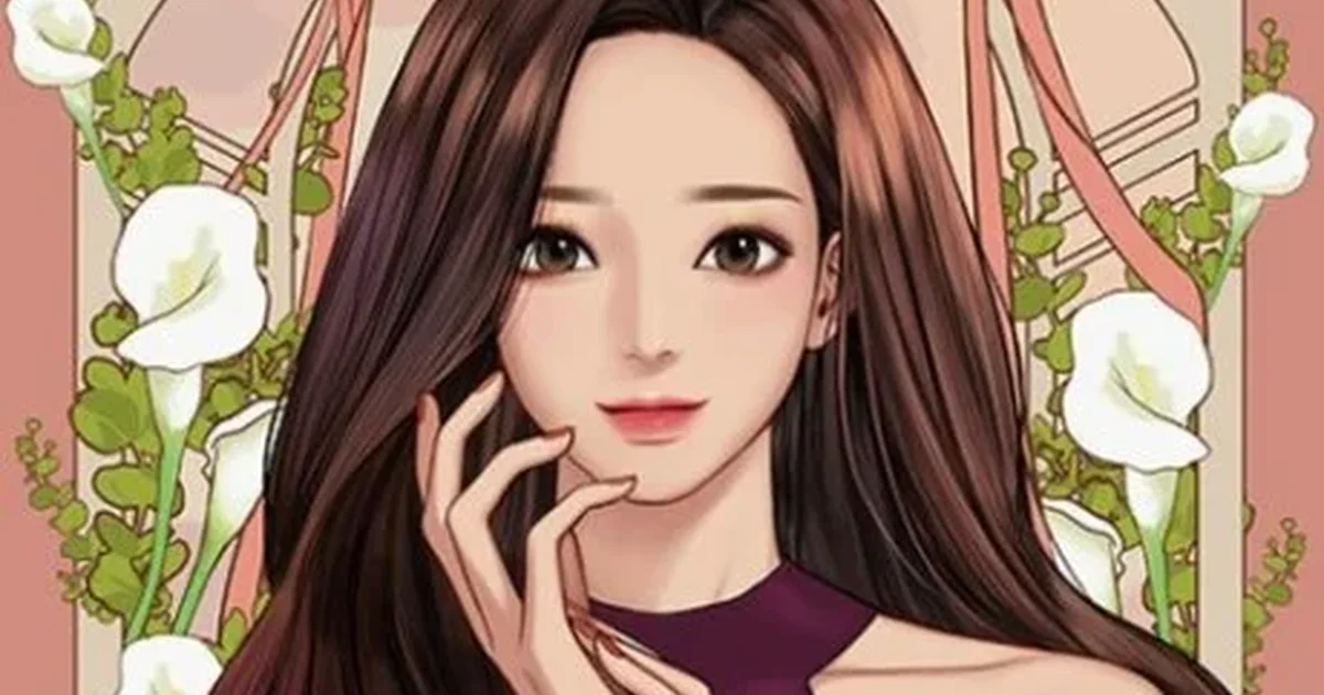 Im Jugyeong from True Beauty in her made-up look, official webtoon cover art against a pastel pink and purple gradient background